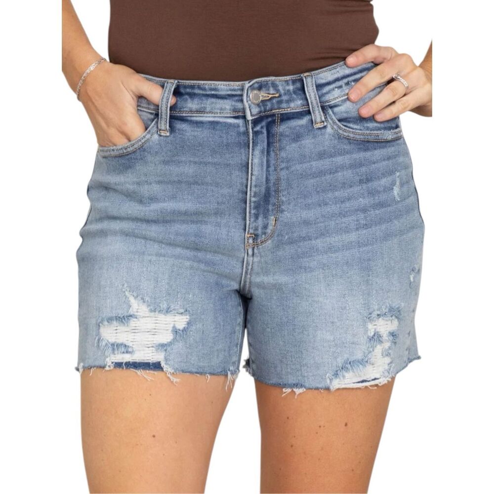 Judy Blue High Rise Distressed Denim Shorts Light Wash Stretch Raw Hem NWT - Picture 4 of 14